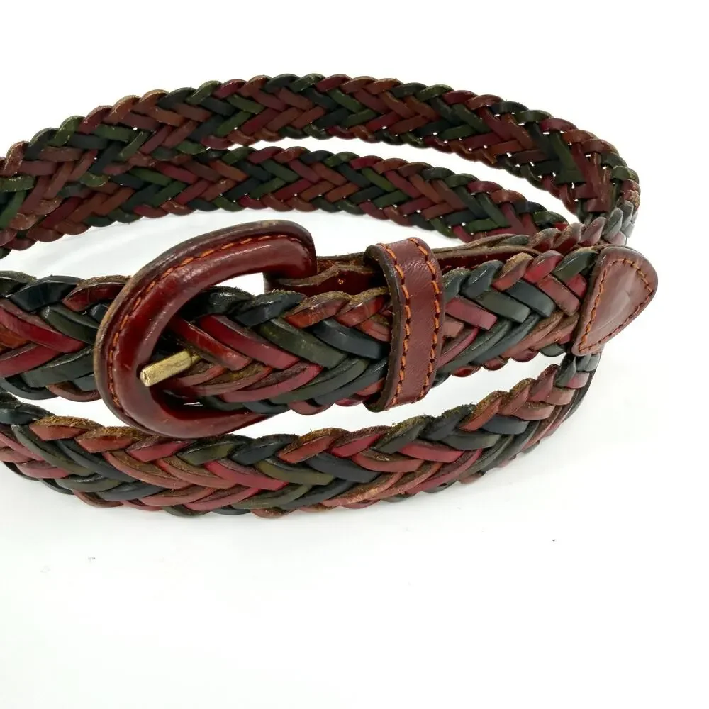 Vintage 90s Braided Red Black Green Genuine Italian Leather Belt